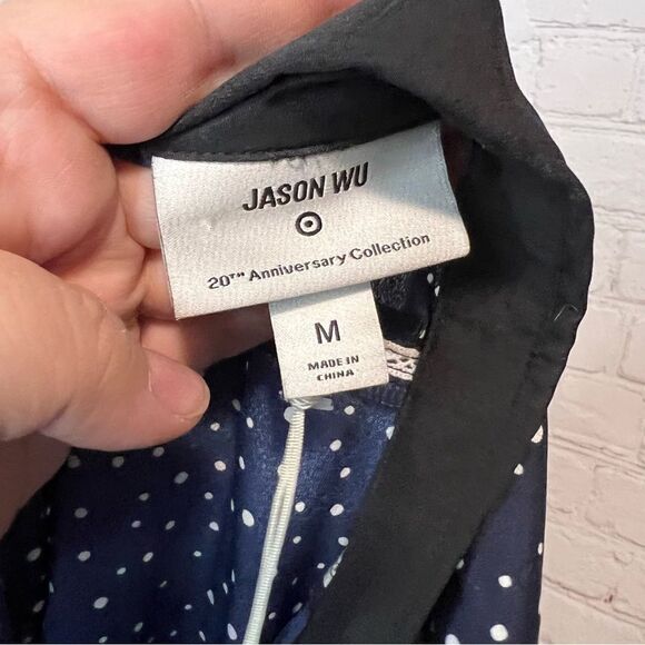 Jason Wu Collared Button Down Pleated Dress. Navy With White Polka Dots Size Med - Picture 10 of 11